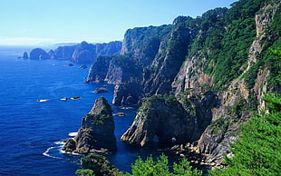 green and brown rock formation near at body of water during day time